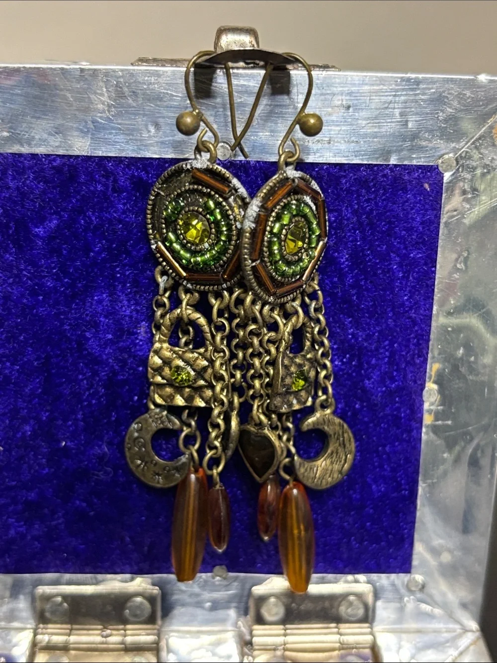 Eclectic Charm Vintage Dangle Tigers Eye Heart Chain Drop Earrings